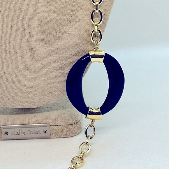 Chico’s  35’ Necklace Gold Tone with Navy Blue Oval and Square Accents. - Picture 2 of 9
